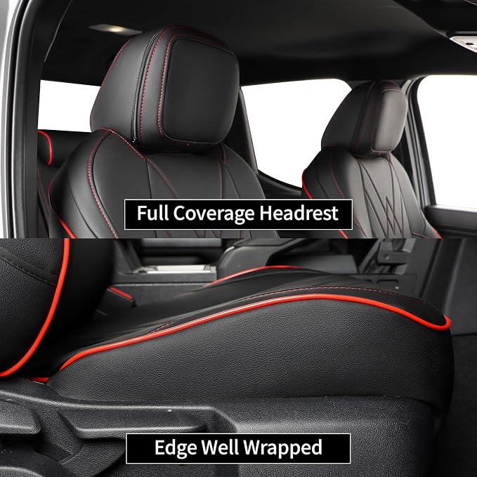 EKR Tacoma Car Seat Covers Custom Fit for Toyota Tacoma (Petrol) 2024 2025 2026 DoubleCab/CrewCab SR/SR5/TRD Sport/TRD Off-Road/Limited -Truck Seat Covers Full Set,Faux Leather(Black with Red Trim)