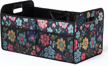 GreaterGood Paws Car Trunk Organizer Foldable Storage Bin with Handles Non Slip Base Pet Gear Travel Tote for SUV Truck (Floral Pawscape)