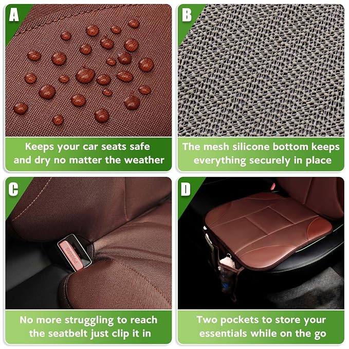 Siivton Car Seat Protector for Kids, Anti-Slip Design, Thick Padding, Prevents Seat Marks, 2 Storage Pockets for Toys & Snacks, Fits Most Cars, Black (Brown, 2 Pack)