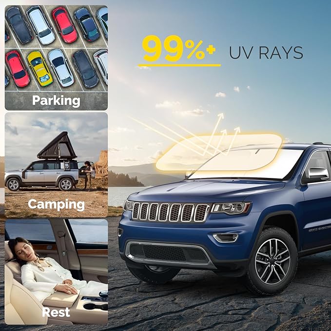 Car Windshield Sun Shade Compatible with 2014-2024 2025 2026 Jeep Grand Cherokee Accessories Foldable Front Window Sunshade Custom Windshield Sun Visor
