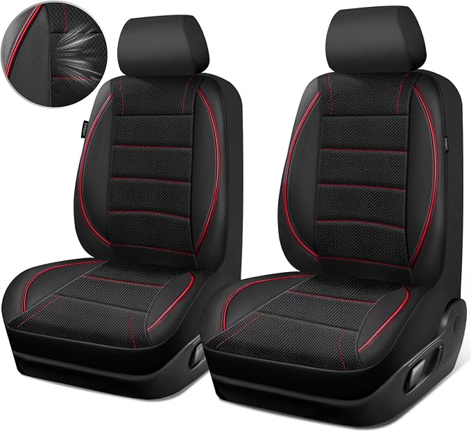 CAR PASS Air Mesh Leather Car Seat Covers Front Seats, Breathable Two Front Seat Covers for Cars, Comfortable Universal Fit for SUV Truck Sedan Automotive, Anti-Slip Airbag Compatible,Black and Red
