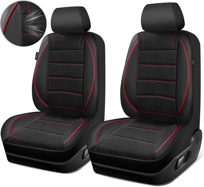CAR PASS Air Mesh Leather Car Seat Covers Front Seats, Breathable Two Front Seat Covers for Cars, Comfortable Universal Fit for SUV Truck Sedan Automotive, Anti-Slip Airbag Compatible,Black and Red
