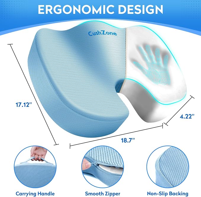 XXL Seat Cushion Office Car Seat Cushion, Memory Foam Cushion for Office Chair, Car Seat, Airplane, Bleacher Non-Slip Chair Pad (Light Blue
