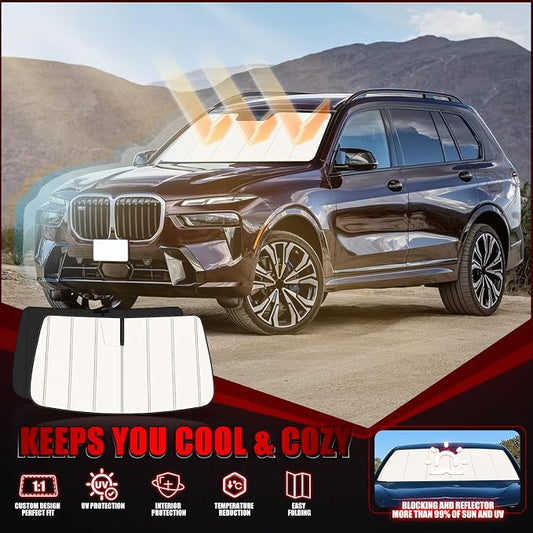 Windshield Sun Shade for BMW X7 2019-2025 2026, Front Window Visor Accessories, Folding Design Blocks Heat & UV Rays Maintain Cool Interior and Save Space