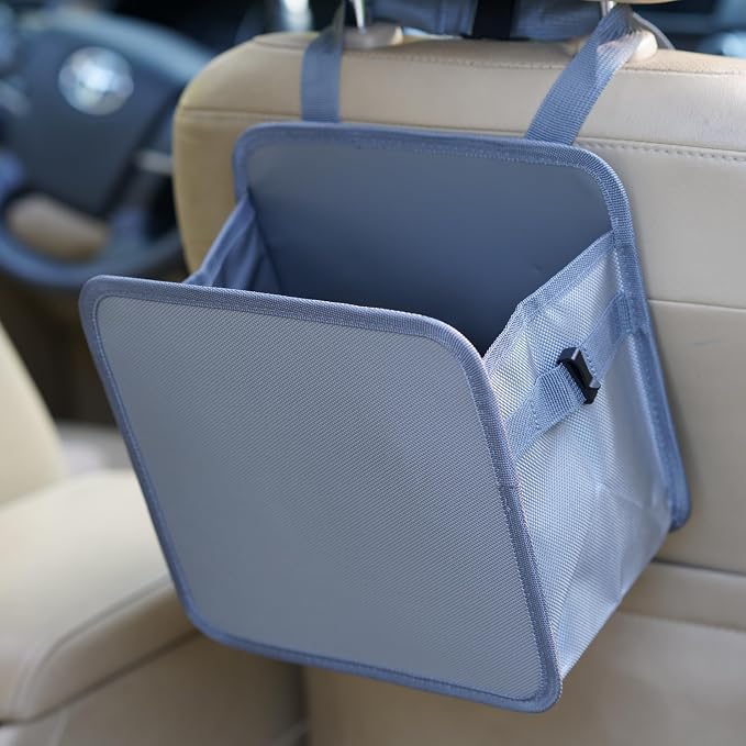 Ginsco 2 Gallons Open-Top Car Trash Can, Hanging Car Trash Bag with Water-proof PEVA Liner, Stand Car Trash Bag Foldable Car Storagge Bag for Cars SUV Truck (Light Gray)