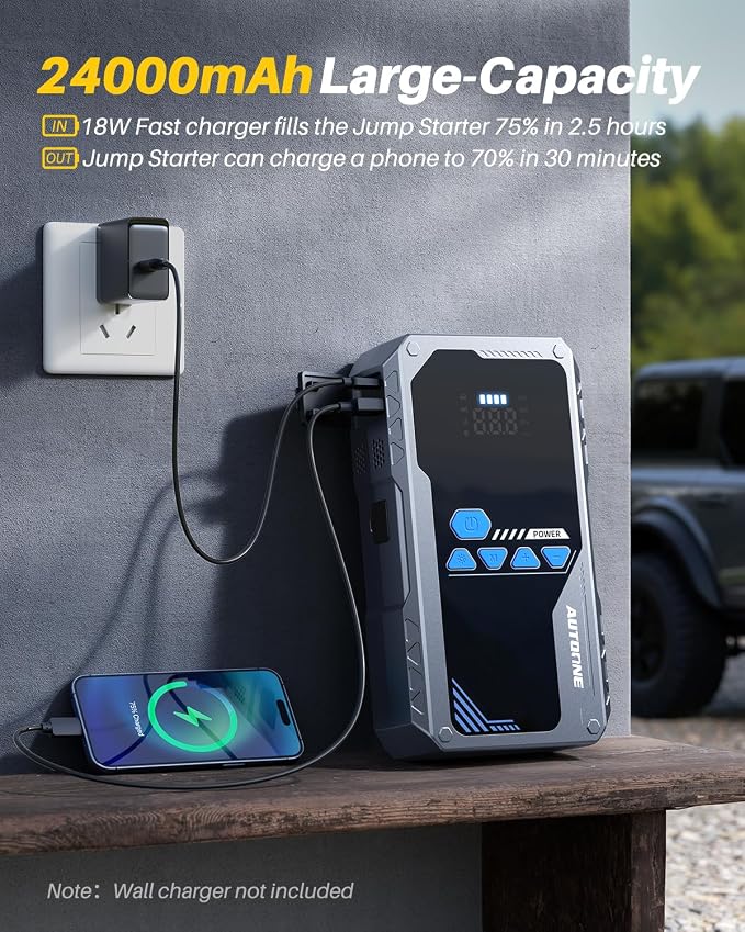 AUTOONE JWA2 Jump Starter with Air Compressor (All Gas/12L Diesel), 150PSI Car Jumper Starter Portable, Jump Box Tire Inflator with LED Flashlight, LCD Display, Storage Case