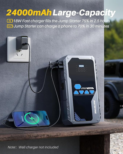 AUTOONE JWA2 Jump Starter with Air Compressor (All Gas/12L Diesel), 150PSI Car Jumper Starter Portable, Jump Box Tire Inflator with LED Flashlight, LCD Display, Storage Case