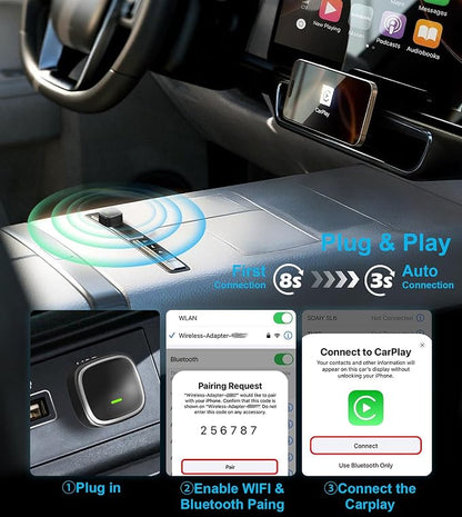 2-in-1 Wireless CarPlay and Android Auto Adapter, Mini USB Dongle Converts Wired to Wireless, Plug & Play, Auto-Connect, Compatible with iPhone & Android TSNAM