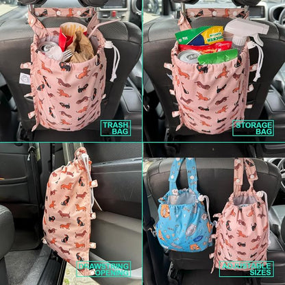 Leak-Proof Waterproof Car Trash Bag Foldable Multipurpose Trash bin Container Storage Cute Grocery Organizer for Automotive Cars SUVs and Trucks Backseat Headrest 7 Liters