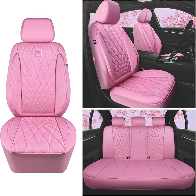 CAR PASS 5 Seats Piping Luxury Leather Seat Covers Full Set, Anti-Slip Waterproof Seat Covers Compatible with Front Armrests, Universal Fit for Suvs,Vans,Trucks,Airbag Compatible, Pure Pink