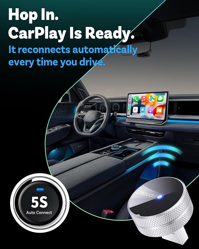 OTTOCAST Mini Tube (2026 Version) Wireless 2-in-1 CarPlay & Android Auto Adapter,Plug&Play Dongle for iPhone & Android,Bluetooth Auto Connect,Converts Factory Wired to Wireless CarPlay Adapter