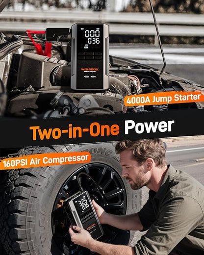 WOLFBOX 4000A Jump Starter with Air Compressor, 88.8Wh Car Battery Jumper Starter Portable(10L Gas/10L Diesel), 12V Booster Jump Box Pack with 160PSI Tire Inflator, 65W Fast Charger, Jumper Cables
