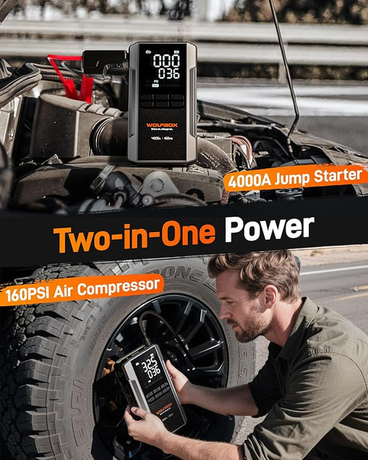 WOLFBOX 4000A Jump Starter with Air Compressor, 88.8Wh Car Battery Jumper Starter Portable(10L Gas/10L Diesel), 12V Booster Jump Box Pack with 160PSI Tire Inflator, 65W Fast Charger, Jumper Cables