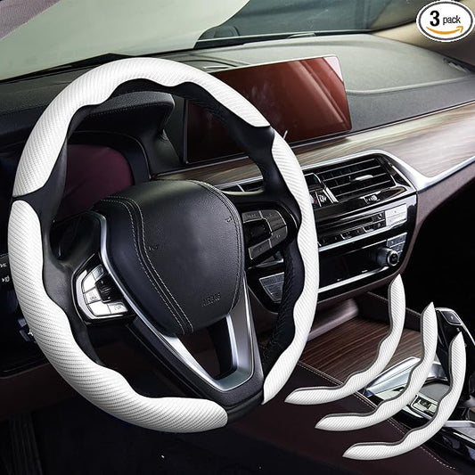 WOCOCN 3pcs Car Steering Wheel Cover,Anti-Skid Carbon Fiber Steering Wheel Protector for Men Women,Multiple Color Options,Universal for Most Car Interiors Accessories (White 3PCS)