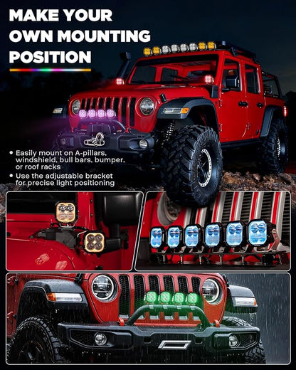 Auxbeam Color Play Series RGB Cube LED Pods, 3-Inch Spot Flood Combo Multi Color Changing Ambient Lights, RGBW 7-Color Backlight Bumper Off-Road Lights with Amber White Covers, 2-Pack