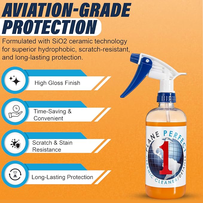 Plane Perfect 1 Aviation Grade SiO2 Ceramic Coating - High Gloss Quick Detailer Spray - Waterless Spray-On, Hydrophobic & Scratch Resistant Protection for Planes, Cars, Boats, RVs | 16oz