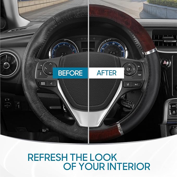 BDK Dark Wood Grain Car Steering Wheel Cover, Standard 15 inch with Black Faux Leather Grip, Made to Fit Most Auto Truck Van SUV