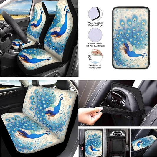 13 Set Blue Peacock Car Seat Cover, Watercolor Peacock Feathers Universal Seat Belt Pads Cup Holder Coasters, Chinoiserie Aesthetics Steering Wheel Cover Armrest Pad