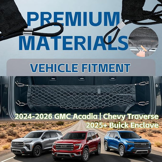 Envelope Cargo Net Fit for 2024-2026 GMC Acadia | Chevy Traverse | 2025+ Buick Enclave | 4mm Thickened Mesh| Truck Bed Cargo Netting SUV Groceries Organizer Storage -Net Heavy-Duty Hooks