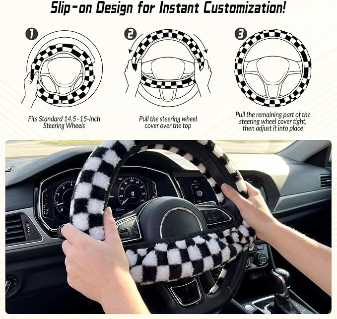 5 Pcs Fuzzy Black & Wihte Car Accessories Set, Soft Fluffy Plush Steering Wheel Cover, Center Console Armrest Pad & Rearview Mirror Cover - Interior Decorations for Women,Universal Fit (Check)
