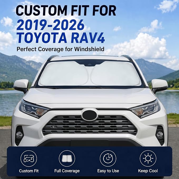 Custom Fit Windshield Sun Shade for Toyota RAV4 2019-2026 | Custom Fit Windshield Cover, Blocks UV Rays, Double-Layer Heat Shield, Durable Frame, Easy Fold & Storage