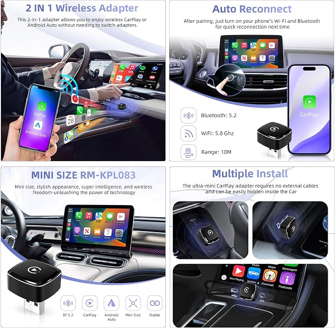 LEXXSON Wireless CarPlay Adapter for iPhone, Plug and Play, Fast and Stable Connection 2 in 1 Android Auto Wireless Adapter for CarPlay＆Android
