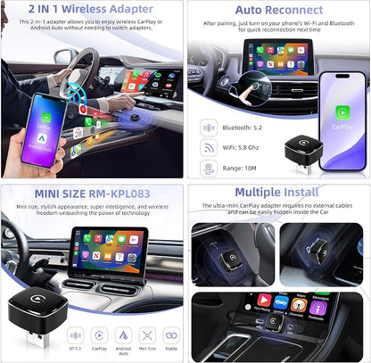 LEXXSON Wireless CarPlay Adapter for iPhone, Plug and Play, Fast and Stable Connection 2 in 1 Android Auto Wireless Adapter for CarPlay＆Android