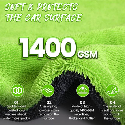 PUGPIU Microfiber Car Drying Towel Extra Large Super Absorbent 48"X24", 1400 GSM Flash Detail Car Wash Drying Towel Edgeless with Two Sided Soft Twisted-Loop, No Water Spots Streaks for Cars (Green)