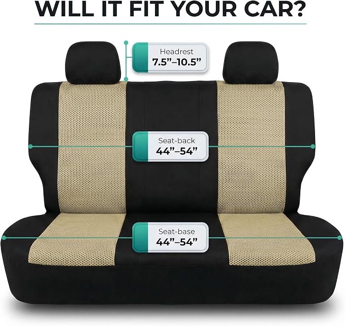 FH Group Automotive Rear Car Seat Covers for SUV, Trucks, Sedan and More - Universal Fit Rear Solid Bench Design Interior Accessories - 3D Mesh Fabric Center Panel - Beige