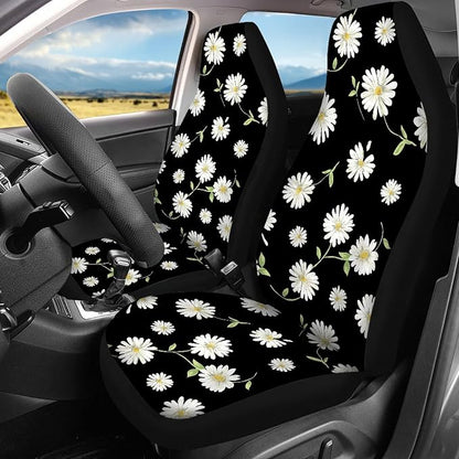 Daisy Car Seat Covers Full Set,Cute Daisy Flowers Black Design Floral Print Vehicle Front Rear Bench Cushion Protectors for Women Men Auto Interior Accessories Universal Fit for Trucks Sedans