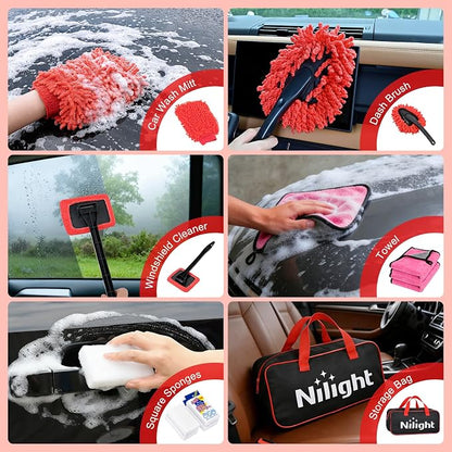 Nilight 52PCS Car Detailing Kit Auto Cleaning Tools Wash Set with Storage Carry Bag Home Use for Interior Exterior Deep Clean Polish Car Care Windshield Dashboard Seat Air Vents Wheels Tires, Red