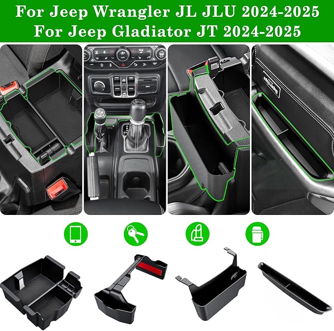 Eamplest 4PCS Center Console Organizer for 2024 2025 2026 Jeep Wrangler JL JLU 4XE and Gladiator JT Accessories Gear Shift Side Tray Organizer,Hanging Armrest Storage Box