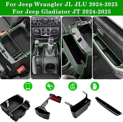 Eamplest 4PCS Center Console Organizer for 2024 2025 2026 Jeep Wrangler JL JLU 4XE and Gladiator JT Accessories Gear Shift Side Tray Organizer,Hanging Armrest Storage Box