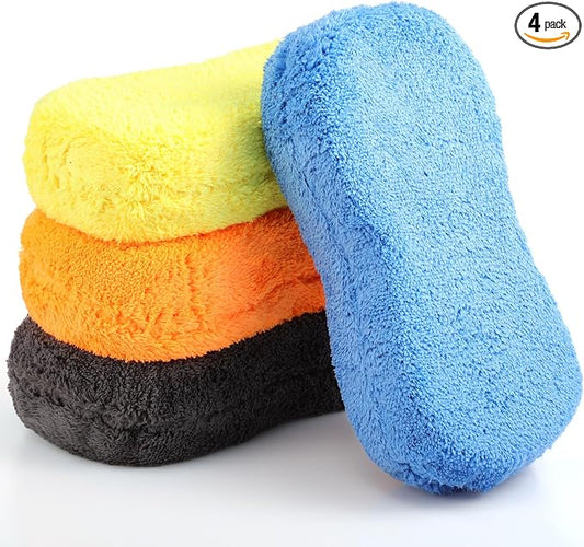 Tanlade 4 Pcs Large Car Wash Sponge for Cleaning, The Microfiber Sponges for Car Washing Supplies, Trucks and Motorcycles (Orange,Blue,Yellow,Gray)