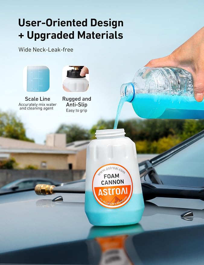 AstroAI Foam Cannon, Heavy Duty Durable Car Wash Foam Sprayer for Pressure Washer with 1/4" Quick Connector, Wide Neck Adjustable Snow Foam Lance and Thick Foam, Easy Install for Versatile, 1L Bottle