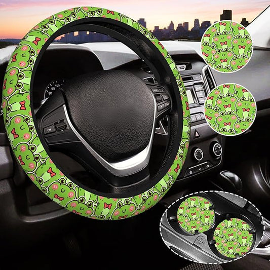 Cute Green Frog Steering Wheel Cover for Women,Universal Auto Steering Wheel 14-15 Inch Car Interior Accessories with 2PCS Car Coasters,Suitable for Men and Women