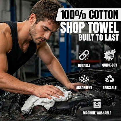 Shop Towels (White, 150-Pack) - Bulk Cleaning Towel in a Bag, Mechanic Cotton Wipes for Car Maintenance, Auto Mechanics & Garage, Wipe Grease & Oil, Machine Wash & Reusable