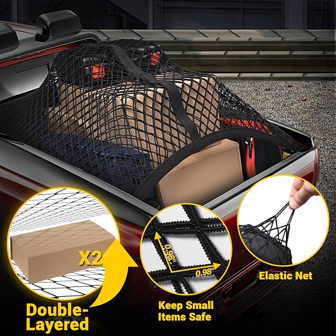 BUMBEE Truck Bed Cargo Net, Highly Elastic Double-Layered Stretchable up to 7ft x 7ft Small Mesh Durable Storage Organizer for Pickup Car Trunk SUV Boat