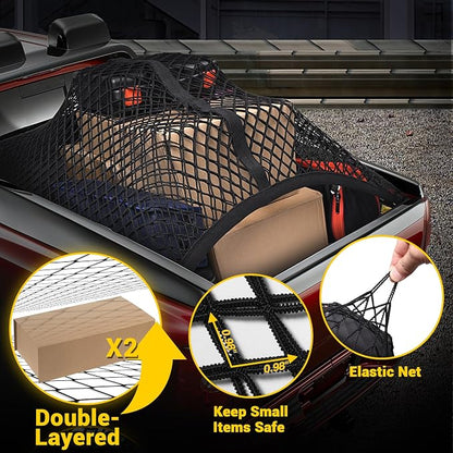 BUMBEE Truck Bed Cargo Net, Highly Elastic Double-Layered Stretchable up to 7ft x 7ft Small Mesh Durable Storage Organizer for Pickup Car Trunk SUV Boat