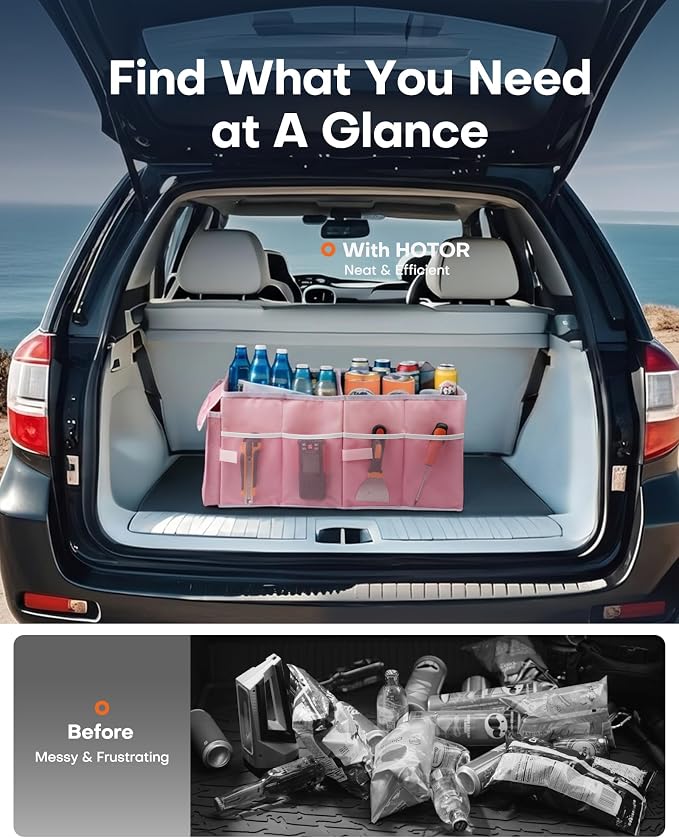HOTOR Trunk Organizer for Car - Car Organizer, Foldable Trunk organizer for SUVs & Sedans, Sturdy Organization for Car Accessories, Tools, Sundries, Pink, 2 Compartments, 23.6"×14.2"×10.6"