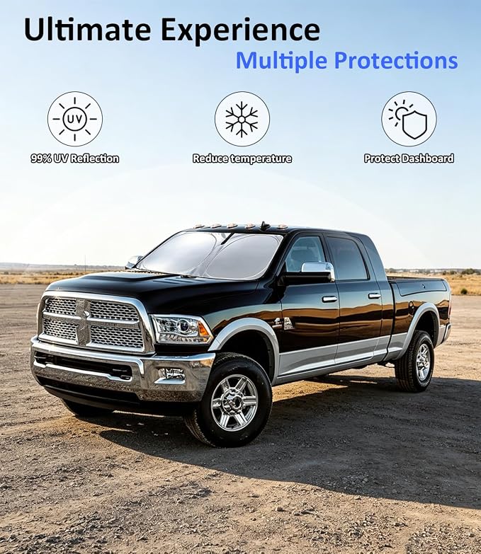 Windshield Sun Shade for Dodge RAM 2500 3500 2010-2026, Car Window Sun Visor & Heat Shield Accessories | 240T Blocks Sun Rays Sunshade