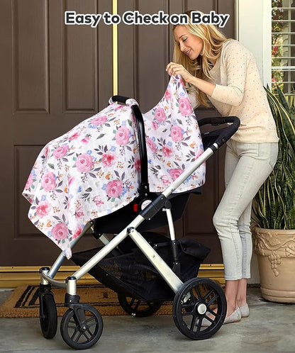 Rquite Infant Car Seat Cover for Babies Girls, 100% Muslin Cotton Carseat Canopy, Breathable Stroller Sun Shade, Baby Shower Gift & Newborn Essentials, Universal Fit Summer & Hot Weather (Floral)