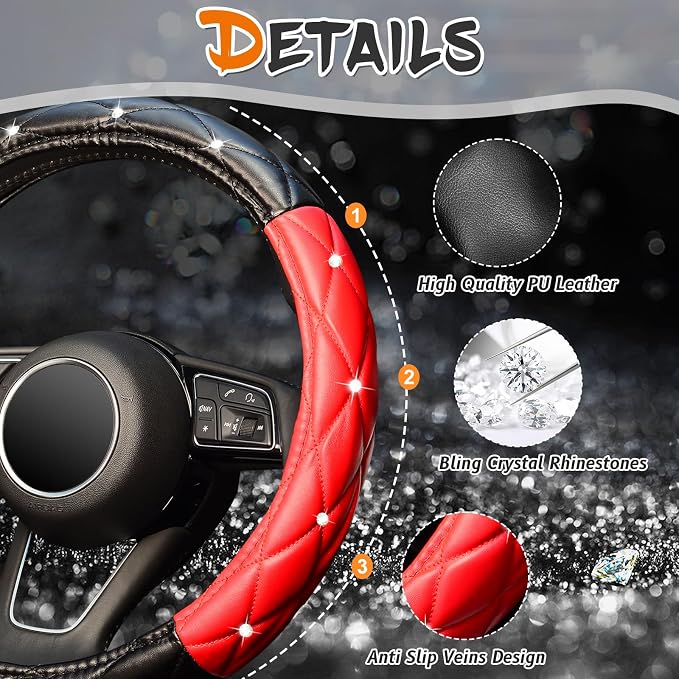 KAFEEK Diamond Soft Leather Steering Wheel Cover with Bling Bling Crystal Rhinestones, Universal 15 inch, Black Red