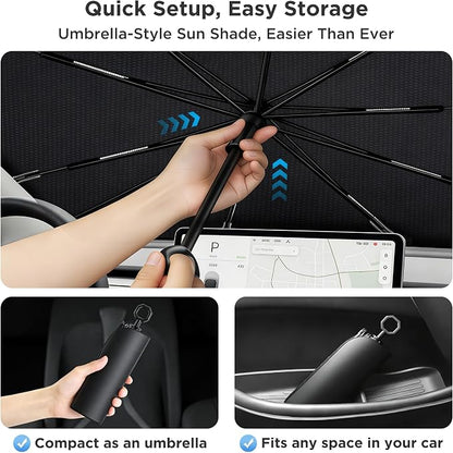 2026 Upgraded Windshield Sun Shade Umbrella [7-Layer Vinyl Coating Heat Shield] Foldable Front Window Sunshade Umbrella Flexible Handle Protect Interior from UV Keep Car Cooler (61" x 34.5")