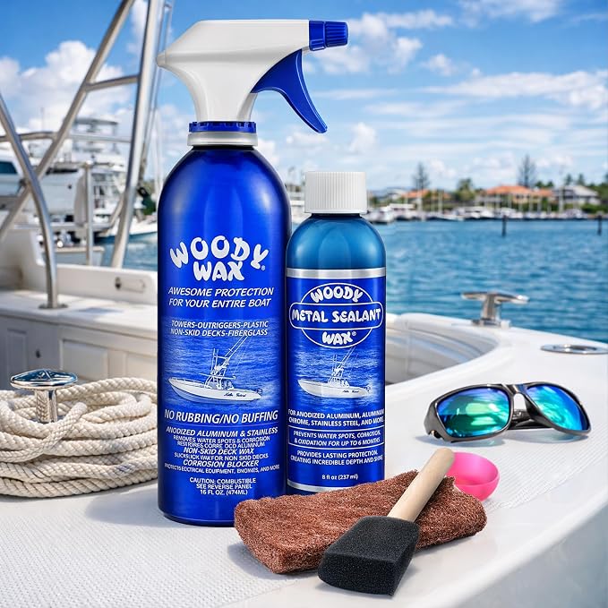 Woody Wax Tower Treatment & Metal Restoration Kit, Professional Boat & Marine Corrosion Blocker, High-Gloss Sealant for Aluminum, Steel & Outriggers, Restores Pitted Metal & Protects for 6 Months