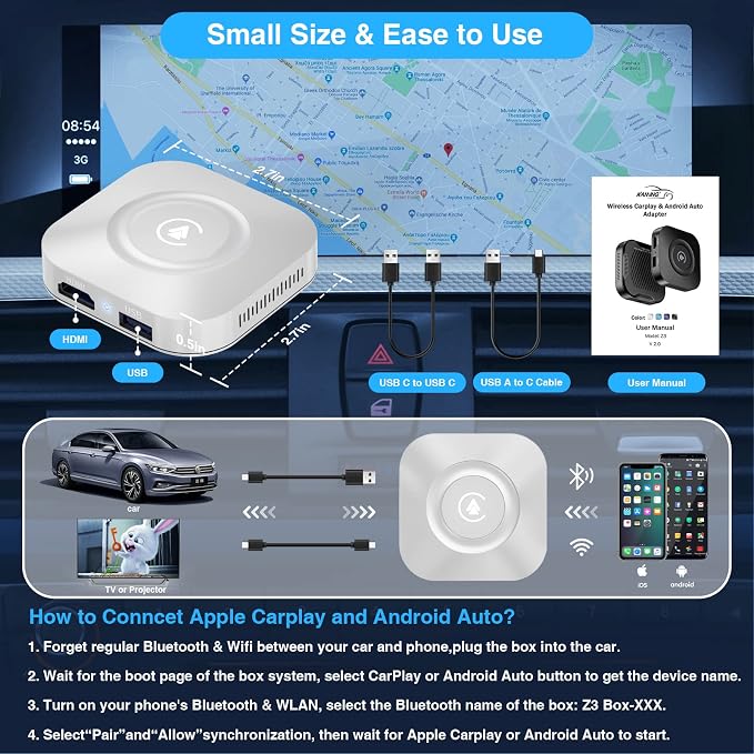 Wireless CarPlay Adapter, Netflix CarPlay Adapter for Car with YouTube, Perfect for CarPlay Wireless Adapter, Android Auto Magic CarPlay Box for Factory Wired CarPlay Cars from 2016-White