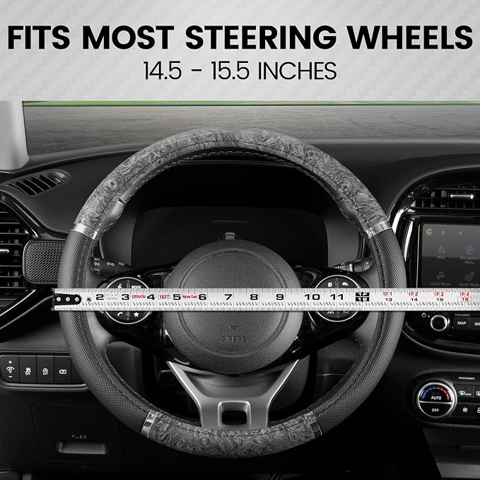 BDK Chrome Wood Grain Black & Gray Steering Wheel Cover for Cars, Trucks, Van, SUVs - Elegant and Comfortable Grip Accessories