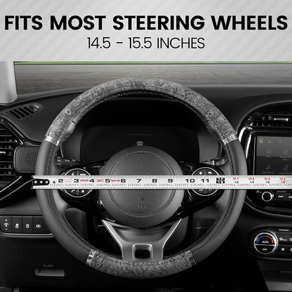 BDK Chrome Wood Grain Black & Gray Steering Wheel Cover for Cars, Trucks, Van, SUVs - Elegant and Comfortable Grip Accessories