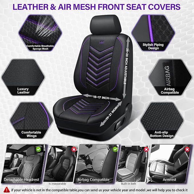 CAR PASS 3D Foam Mesh Leather Car Seat Covers Front Seats, Breathable Front Seat Cover for Cars, Comfortable Universal Fit for SUV Truck Sedan Automotive Anti-Slip Airbag Compatible, Black and Purple