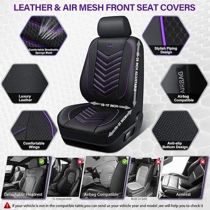 CAR PASS 3D Foam Mesh Leather Car Seat Covers Front Seats, Breathable Front Seat Cover for Cars, Comfortable Universal Fit for SUV Truck Sedan Automotive Anti-Slip Airbag Compatible, Black and Purple